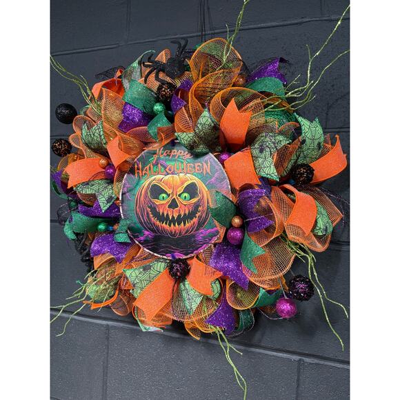 Halloween Wreath For Front Door Spooky Pumpkin Purple Orange Green 28 inch - Picture 3 of 6